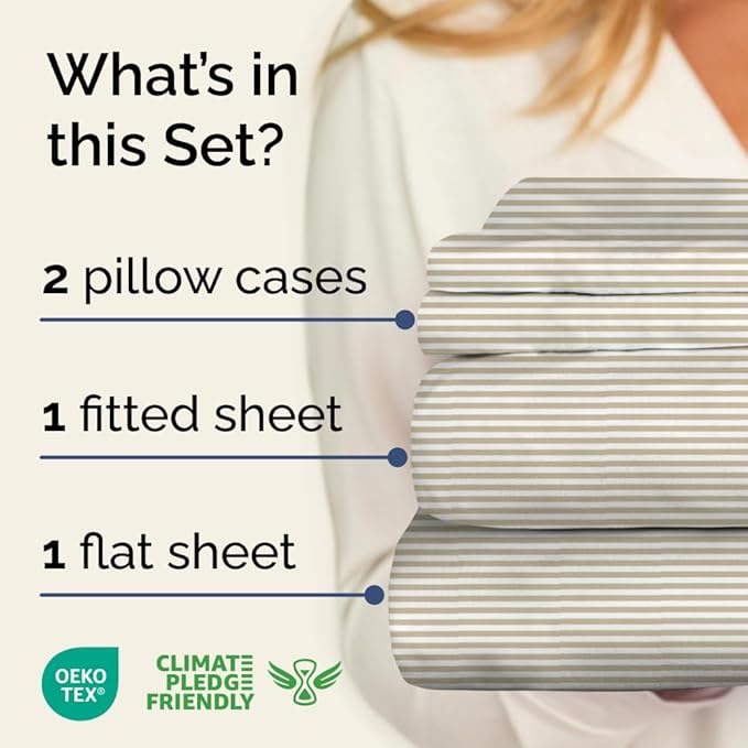 Biege Striped Sheets - Cream Bed Sheet Set - 1 Flat & 1 Fitted & 2 Pillowcases w/ Deep Pockets - Cozy, Wrinkle & Fade Resistant - Soft, Breathable, Cooling - Luxury Pinstripe Bedding - Queen Size
