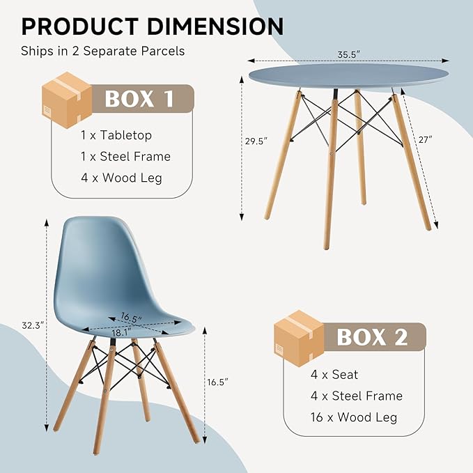 35.5'' 5 Piece Round Dining Table Set for 4, Mid-Century Modern Table with Chairs, Space Saving, Plastic Seats, Wood Legs, Circle Dinner Table for Kitchen, Home, Apartment, Blue