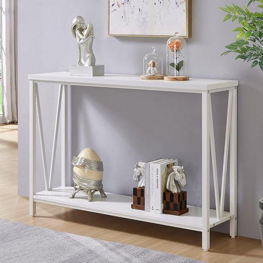 EXCEFUR Rustic Sofa Table, Industrial Console Table for Entryway, Wood and Metal Hallway Table for Living Room, White Oak