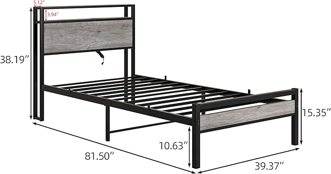 Twin Bed Frame with Storage Headboard and Charging Station, Twin Size, Heavy Duty Metal Slats, No Box Spring Needed, Dark Grey