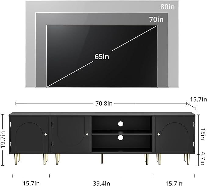 Modern TV Stand for 50/60/70/80 inch TV, Combined TV Stand for 75+ inch TV, Entertainment Center for Up to 80" TV, TV Media Stand with Storage Side Cabinet for Living Room, Bedroom, Black