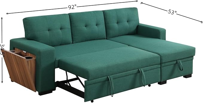 L-Shape Sofa Bed, 92" Sectional Couch with Storage Chaise, Pull Out Sleeper Sofa with Side Compartment, Convertible Corner Couch for Living Room Apartment, Green
