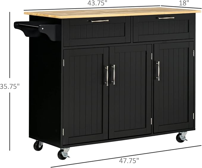 HOMCOM Mobile Kitchen Island with Storage, Kitchen Cart with Wood Top, Storage Drawers, 3-Door Cabinets, Adjustable Shelves and Towel Rack, Black