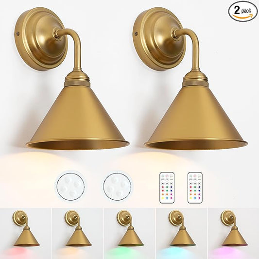 HEQIQEH Modern Battery Operated Wall Sconces Set of 2 with Metal Lamp Shade, 13 RGB Color Changing Dimmable Battery Wall Mounted Lamp with Remote Control for Bedroom, Galleries, Hallway, Hotels