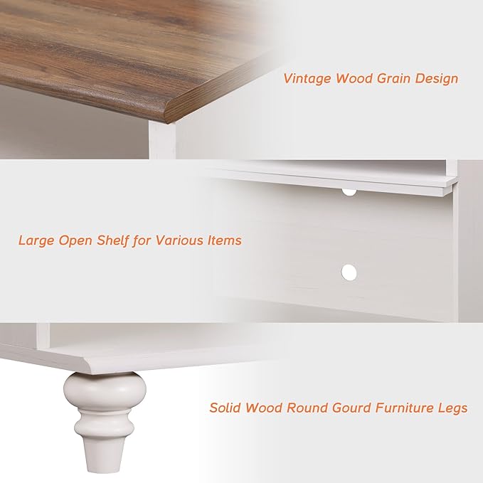 WAMPAT Farmhouse TV Stand for 75 inch TV, Wood Universal TV Stand with Storage Shelfves, Highboy Entertainment Center TV Console Table, White