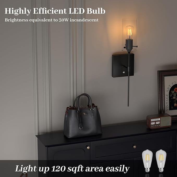 Dimmable Battery Operated Wall Sconce Set of 2, Rechargeable Wall Mount Light No Wiring, Easy Install Wireless Wall Lamp for Living Room Bedroom Hallway Farmhouse Indoor, Bulb Included