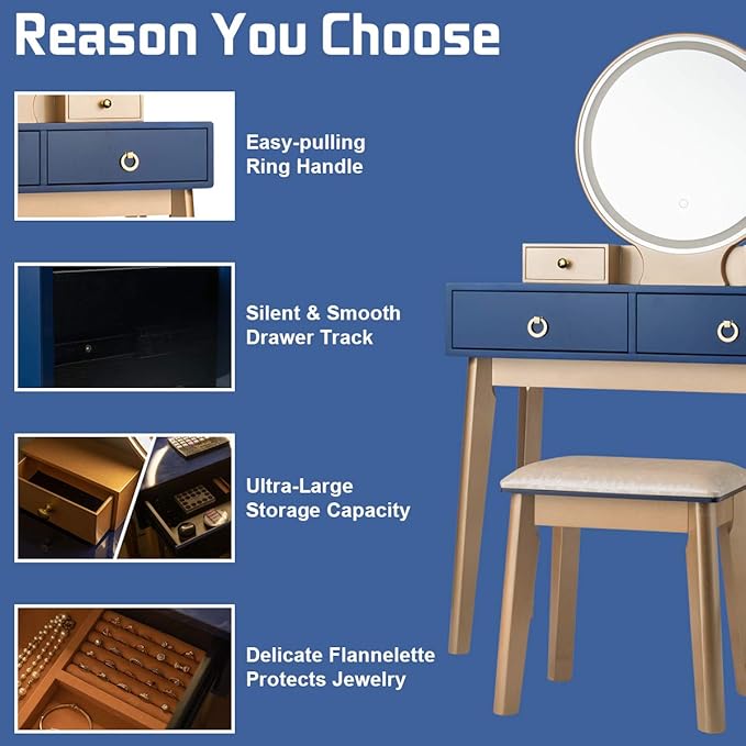 CHARMAID Vanity Desk with Lights, Navy Blue Makeup Vanity Desk with 3-Color Lighted Mirror, 4 Drawers, Cushioned Stool, Modern Bedroom Makeup Dressing Table for Small Place