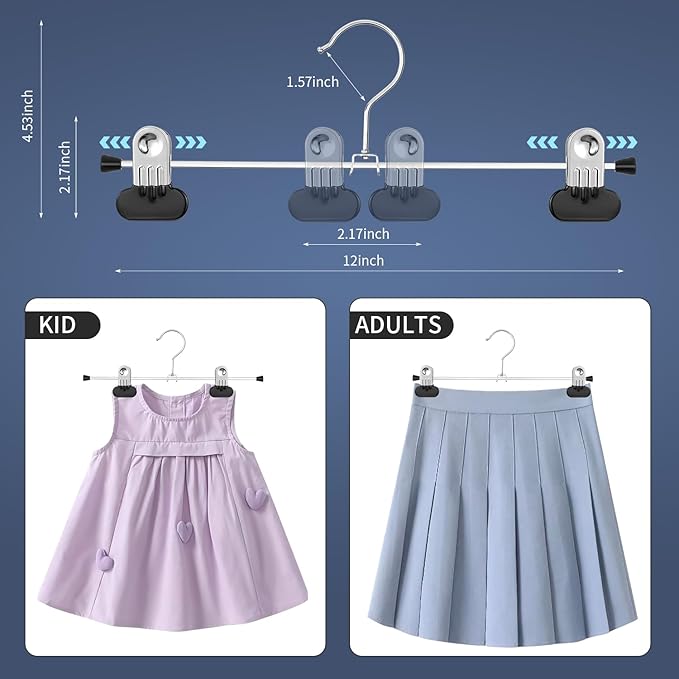 14Inch Pants Hangers with Wide Clips 30 Pack Adjustable Skirt Hangers for Women Non-Slip Clothes Hanger for Pants Heavy Duty Space Saving Trousers Hanger for Jeans,Shorts Black