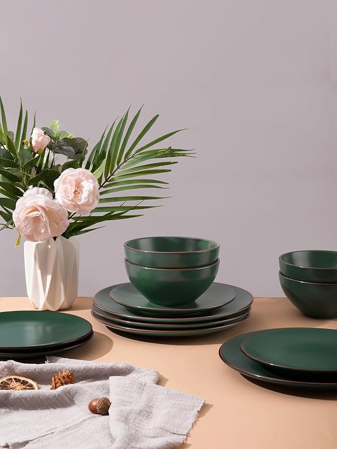 Famiware Venus Ceramic Plates and Bowls Sets, Speckled Dinnerware Dish Sets for 8 (24 Pieces) - Microwave and Dishwasher Safe, Matte Dark Green