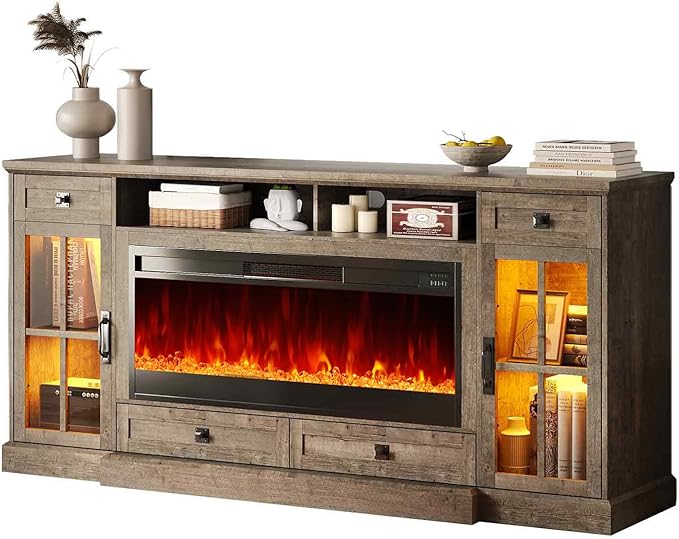 AMERLIFE 70” Fireplace TV Stand for 80 Inch TV, Farmhouse TV Stand with 42" Fireplace & LED Lights, Entertainment Center with Storage Drawers & Cabinets, Light Oak