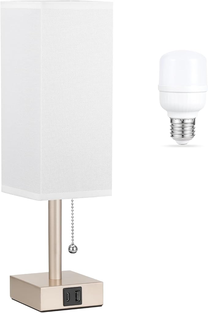 aooshine White Small Table Lamp for Bedroom - 3 Color Temperature 3000K 5000K 4000K Bedside Lamp, Pull Chain Control, USB A and C Ports, Light Gold Base, Bulb Included