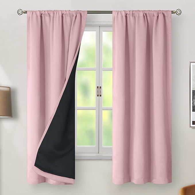 BGment Pink 100% Blackout Curtains 63 Inches Long with Thermal Insulated Liner, Rod Pocket and Back Tab Double Layer Full Room Darkening Window Curtain for Bedroom, 2 Panels,Each 38 x 63 Inch