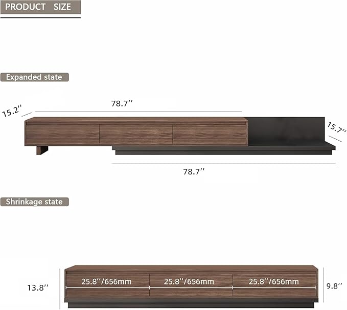 78.7–130" Extendable TV Stand with 3 Drawers - Mid-Century Modern Adjustable Entertainment Center, Perfect for Living Room, Walnut