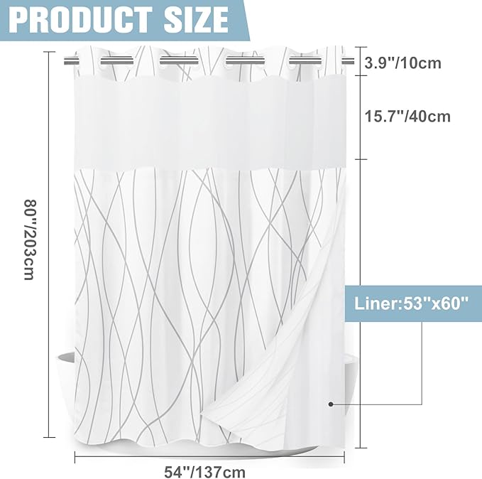 No Hook Grey White Striped Stall Shower Curtain with Snap in Liner Set - Hotel Shower Curtain and Liner Set with See Through Mesh Top Window,Machine Washable, 54x80 INCH