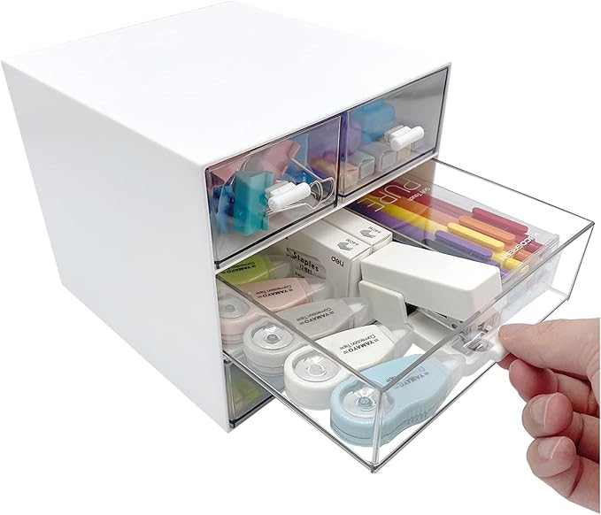 Makeup Organizer, Desk Organizer with 4 Drawers, Sundries Storage，Vanity Organizer, Cosmetic Storage Organizer, Desk Storage Box, Bathroom Counter or Dresser, White QBH-4CT-1