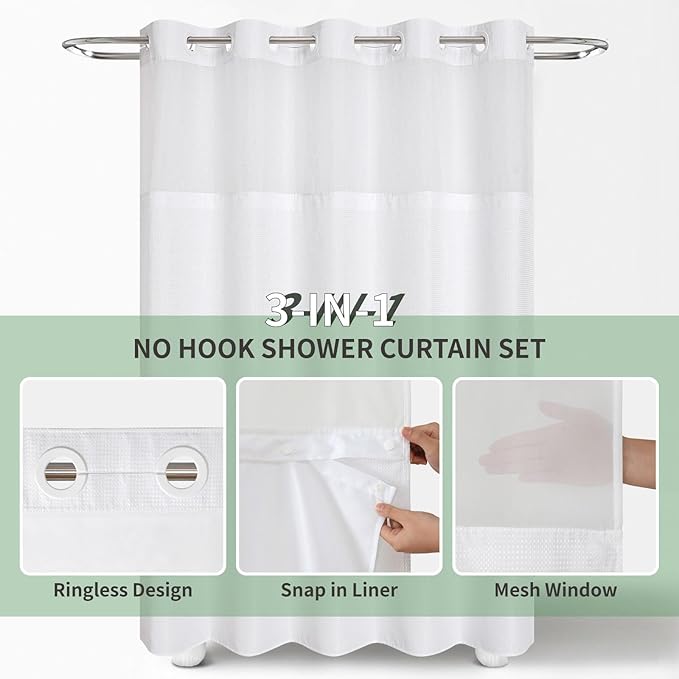 White No Hook Shower Curtain with Snap-in Fabric Liner Set,Waffle Weave Shower Curtains for Bathroom,Hotel Luxury Decor Bathroom Curtain Set,Waterproof & Washable,71Wx77H