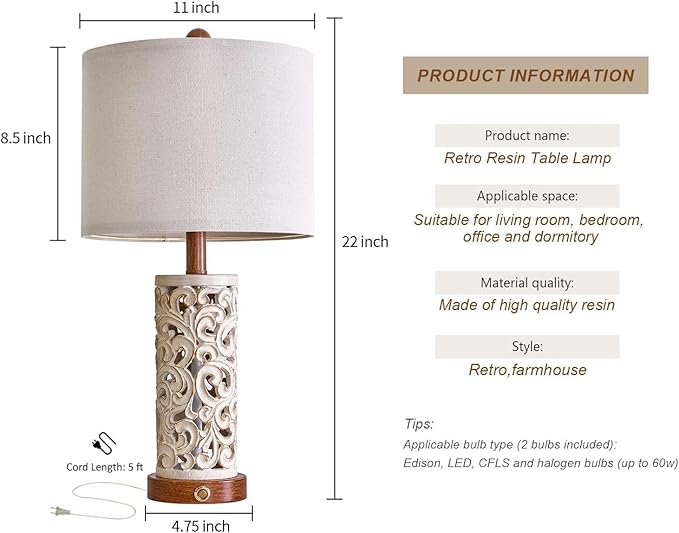 OYEARS 3-Way Dimmable 22'' USB A+C Touch Control Table Lamp Set of 2 with Nightlight for Living Room Bedroom Farmhouse Bedside Nightstand Lamps (Brown, Bulb Included)