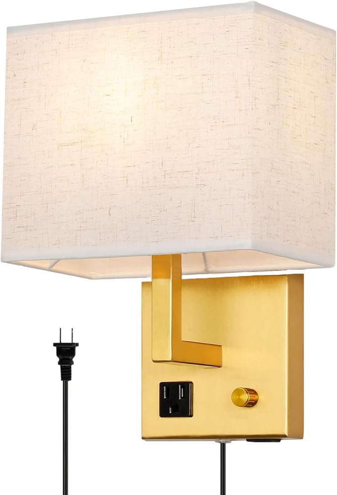 Plug in Wall Sconce, Bedside Wall lamp with Plug and dimmable Switch, with USB Charging Port and Socket, Suitable for Hotel, Corridor, Living Room and Bedroom Wall Light (Golden)