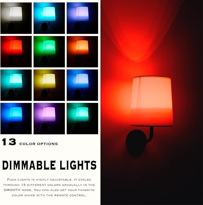 HEQIQEH Rustic Vintage Battery Operated RGB Wall Sconce Light Fixture with Remote Control, Flared Funnel Linen Fabric Shade Dimmable Nightstand Lamps for Bedroom, Set of 2 (Black-2)