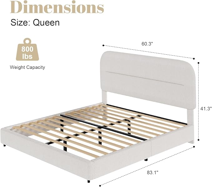 Queen Bed Frame with Headboard, Boucle Upholstered Soft Platform Bed Frame with Thickened Footboard, Rounded Corners Design, No Box Spring Required, Easy Assembly, Cream