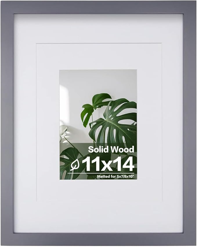 Egofine 11x14 Picture Frame Display Pictures 5x7 / 8x10 with Mat or 11x14 Without Mat Made of Solid Wood Covered by Plexiglass for Table Top Display and Wall Mounting Photo Frame, Dark Grey