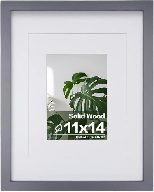 Egofine 11x14 Picture Frame Display Pictures 5x7 / 8x10 with Mat or 11x14 Without Mat Made of Solid Wood Covered by Plexiglass for Table Top Display and Wall Mounting Photo Frame, Dark Grey
