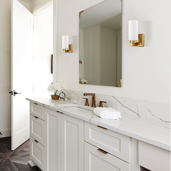 Modern Plug in Wall Sconce with Cord Brass Bathroom Vanity Light with Milky White Cylinder Glass Shade Set of 2