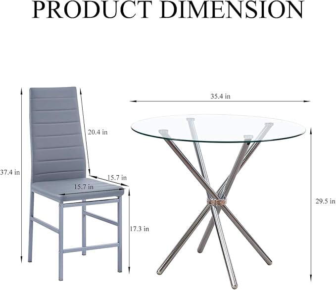 5-Piece Round Glass Dining Table Set for 4 Modern Kitchen Table with 4 Dining Chairs Set Round Circle Table and PU Upholstered Chairs Set for Small Space/Kitchen/Apartment