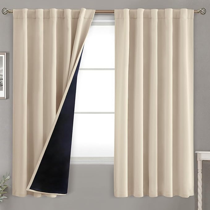 BGment Champagne 100% Blackout Curtains with Thermal Insulation Liner，63 Inch Curtains 2 Panel Set Double Layer Light Blocking Rod Pocket and Back Tab Window Curtain for Bedroom(42 x 63 Inch)