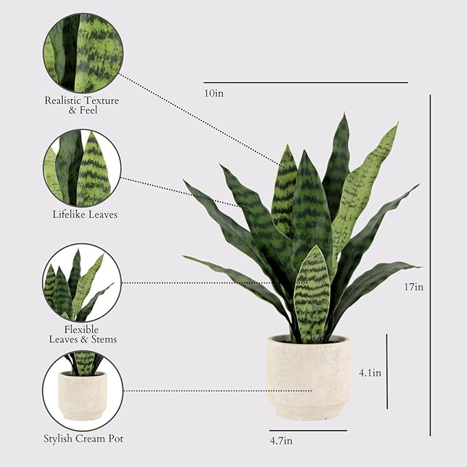 CG Hunter Faux Snake Plant & Fern, Set-of-2 Premium Artificial Indoor Plants, Enhances Interior Design, Lifelike-Leaves Create Realistic Natural Appearance, Grey Planter Pot Included