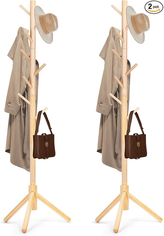 2PCS Solid Wooden Coat Rack Freestanding, New Zealand Pine Coat Tree with 8 Hooks & 3 Adjustable Sizes for Coats, Hats, Handbags and Scarves, Space Saving for Entryway/Office/Bedroom (Nature)