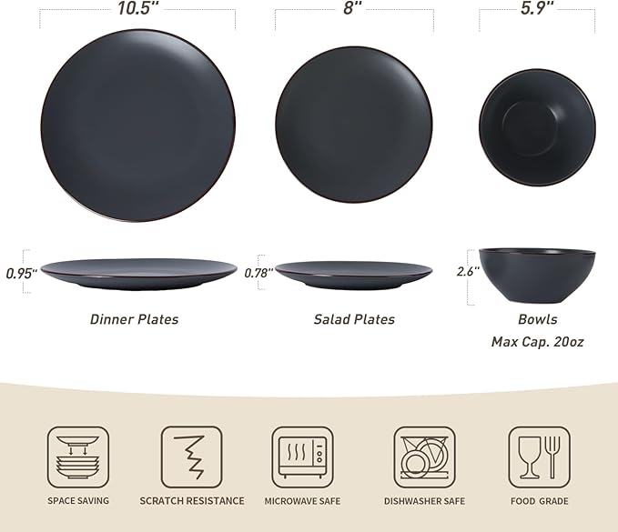 Famiware Venus Plates and Bowls Sets, 12 Pieces Stoneware Speckled Dinnerware Sets, Dishes Set for 4, Microwave and Dishwasher Safe, Matte Charcoal