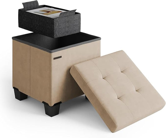 STORAGEBUD Storage Ottoman Cube with Small Bin, 15-in Square Ottoman with Storage for Living Room and Bedroom, Small Ottomans Foot Rest, Velvet Foot Stools Ottomans Max 330lbs, Taupe