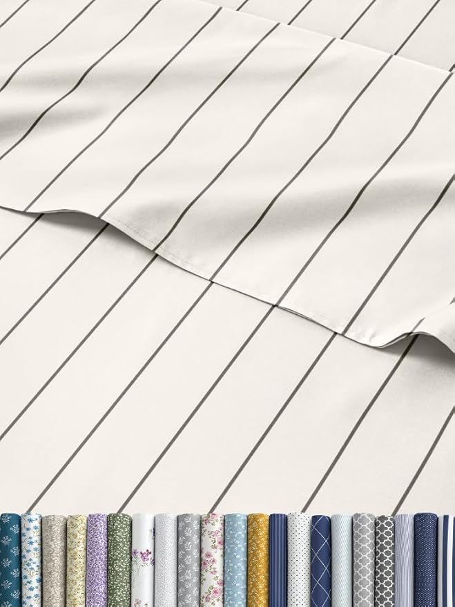 Striped Sheets - Beige & White Striped Sheets - 1 Flat & 1 Fitted & 2 Pillowcases w/ Deep Pockets – Wrinkle & Fade Free - Soft, Breathable and Cooling – Luxury Pinstripe Bedding - Full Size Bed Set