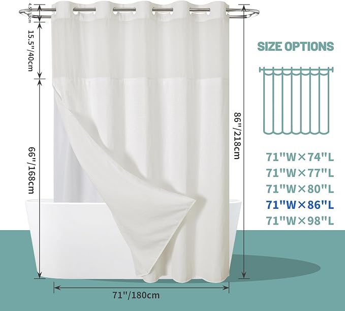 Cream Extra Long No Hook Waffle Weave Shower Curtain with snap-in Liner Replacement, 230GSM Waterproof Fabric Hotel Shower Curtain Set for Bathroom, Through Mesh Top Window,71Wx86H