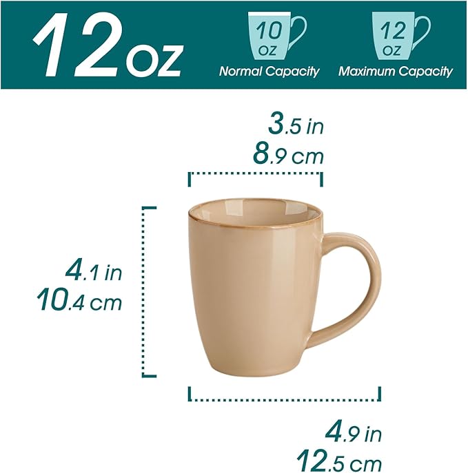 vancasso PLAYA Ceramic Coffee Mug Set of 6, 12 Oz Tea Cups with Handle for Latte, Tea, Cappuccino, Milk, Cocoa, Microwave&Dishwasher Safe, Brown