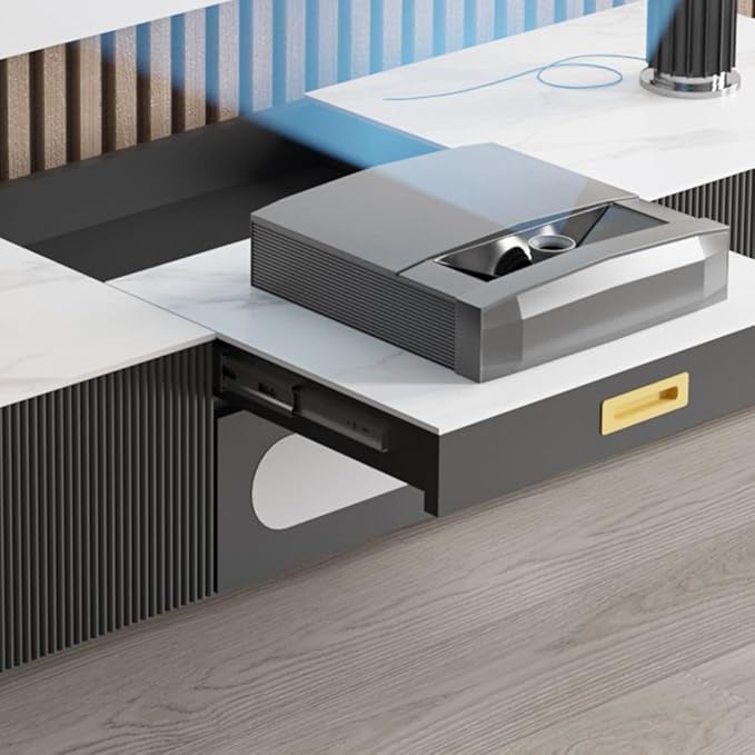 POVISON Modern TV Stand for Projector, Sintered Stone Entertainment Center with Storage for Living Room Bedroom, 55 inch TV Stand, Solid Wood TV Stand