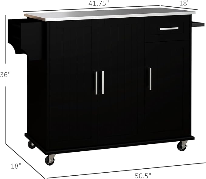 HOMCOM Kitchen Island with Storage, Rolling Kitchen Island on Wheels with Drawer, 3 Cabinets, Stainless Steel Countertop, Spice Rack and Towel Rack, Black