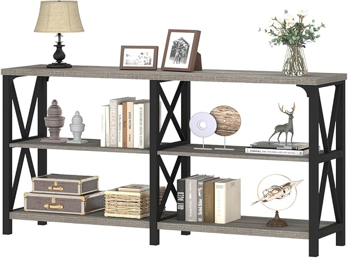 IBF Long Entryway Console Table, Industrial Metal Wood Entry Table with Storage Shelves, Modern Rustic 3 Tier Sofa Table for Entry Way Hallway Behind Couch Living Room Bedroom, Light Grey Oak, 63 Inch