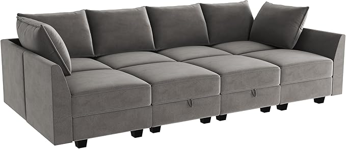 HONBAY Modular Sectional Sleeper Sofa Velvet Sleeper Couch with Storage Seats Oversized Sectional for Living Room,Grey