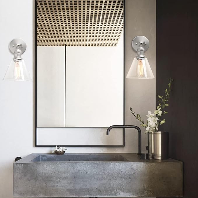 Yosoan Indoor Wall Sconce Fixture Light, 1-Light Modern Single Brass Vintage Industrial Hardwired with Funnel Flared Clear Glass Shade Lamp for Bathroom Sink Porch Kitchen Living Room(Brushed)