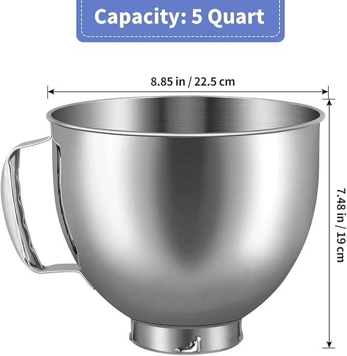MOLIGOU 5 qt Food-Grade Stainless Steel Mixer Bowl Compatible with Kitchenaid 4.5-5 qt Tilt-Head Stand Mixers, Stand Mixer Replacement Bowl with Handle