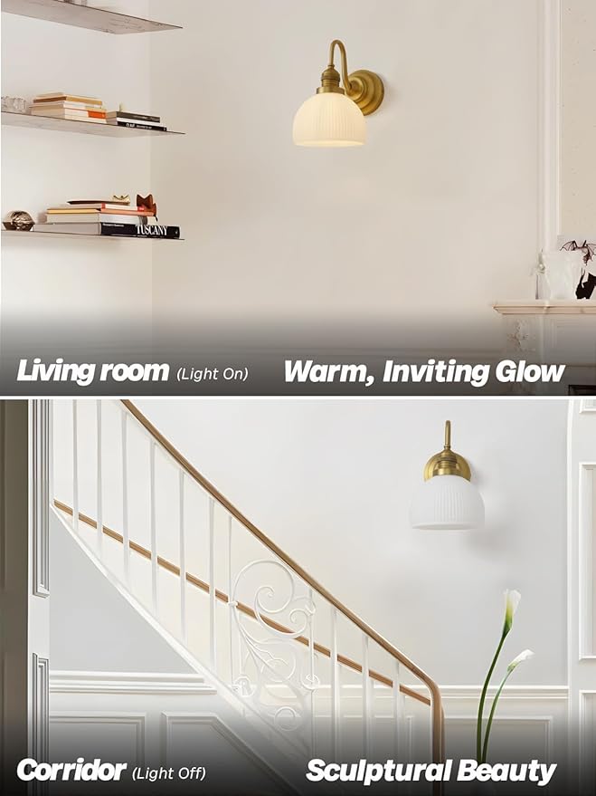 Gold Wall Sconces,Hardwire Bathroom Vanity Light with Striped Bowl Milk Glass Vintage Brass Wall Mounted lamp Lights for Bathroom Mirror Living Room Bedroom Kitchen E26 Indoor