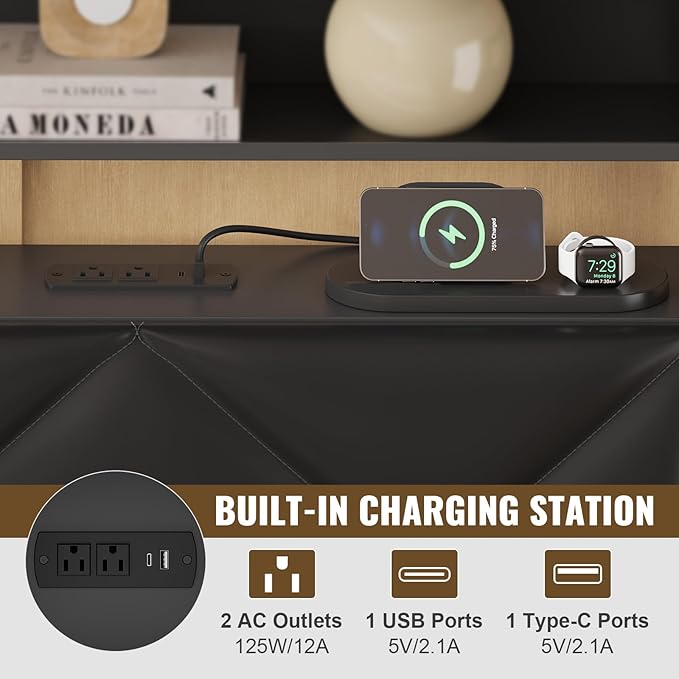 Headboard Queen Size with 2-Tier Open Storage and LED Light, Upholstered Headboard with Charging Station, Height Adjustable Sturdy Queen Bed Head Only for Dorm Bedroom, Easy Assembly, Black