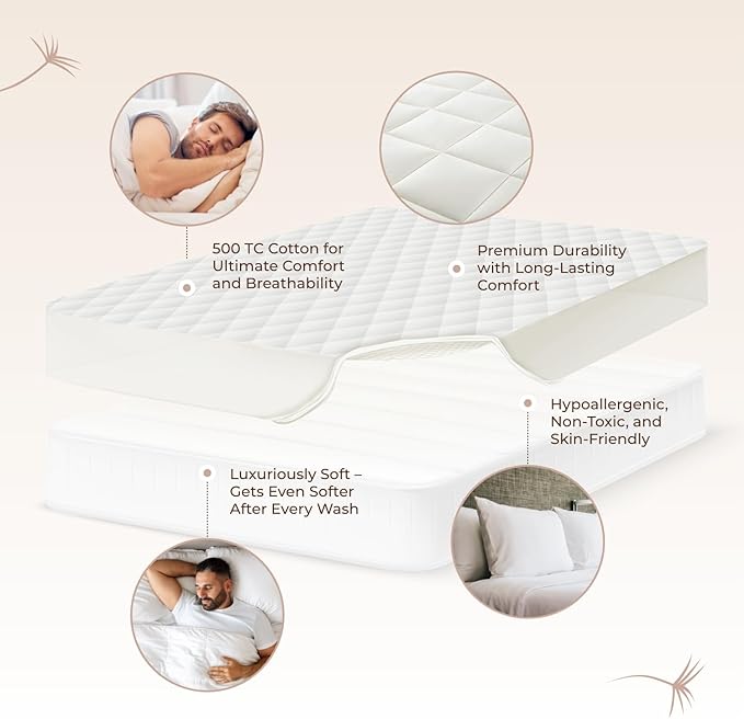 Whisper Organics Luxury Quilted Mattress Cover - Exquisite Softness, 100% Organic Cotton, 17-Inch Deep Pocket, Full, Pure White