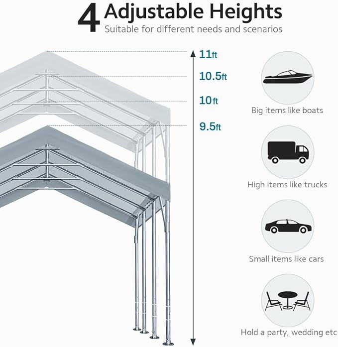 ADVANCE OUTDOOR 12x20 ft Heavy Duty Carport Potable Car Canopy Garage Party Tent Boat Shelter, Adjustable Height from 9.5 ft to 11 ft, Gray