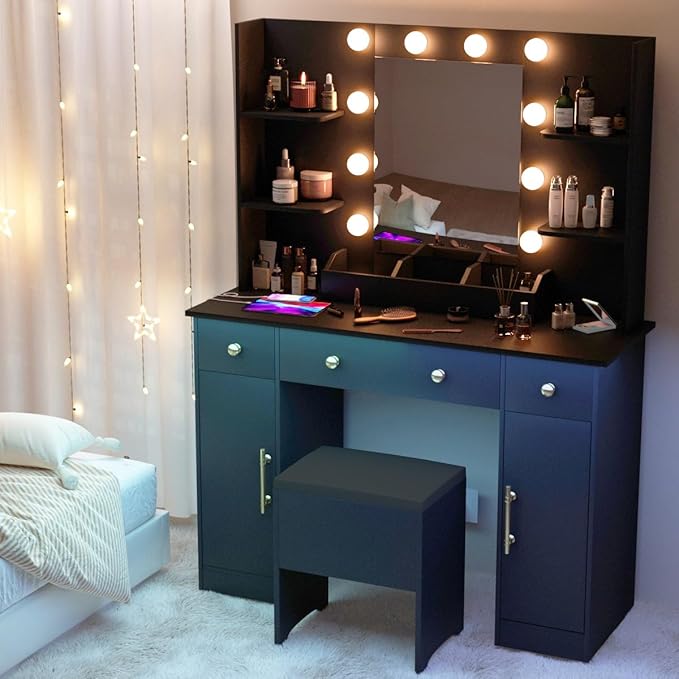 Vanity Desk with Mirror and Lights,Black Makeup Vanity with Charging Station & Vanity Stool, 3 Drawers and Cabinets White Vanity Mirror with RGB LED Lights Vanity Desk and Chair for Women