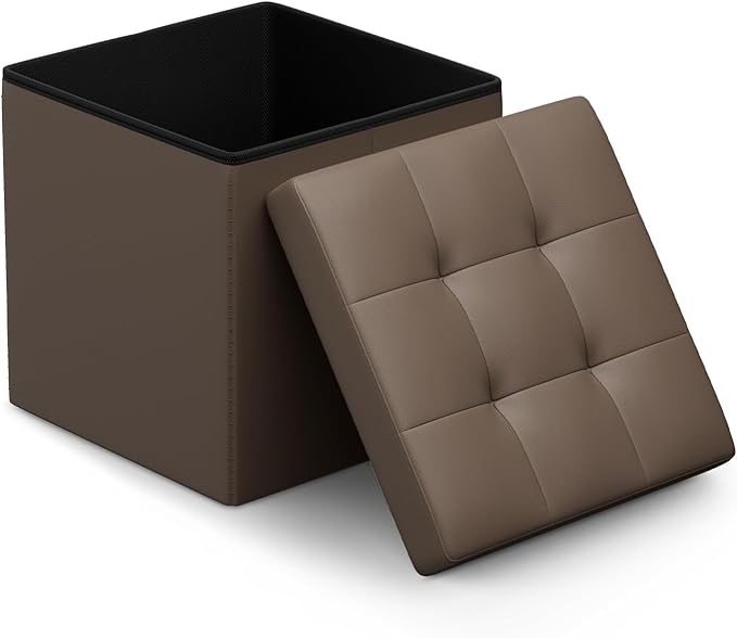 Athena Collection Leather Square Ottoman with Storage, 15 Inch Small Storage Ottoman, Multipurpose Footstool Foot Rest for Living Room, Bedroom, Dorm, Brown