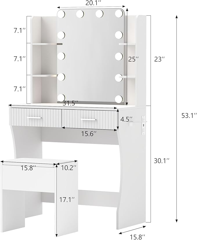 Small Vanity Desk with Mirror and Lights, Makeup Vanity Desk with 3 Color Modes Adjustable Bulb, 2 Large Drawers and 4 Open Storage Shelves, White Vanity with Charging Station for Bedroom