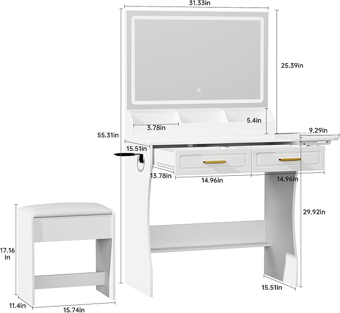 Modern White Makeup Vanity Desk with Adjustable Lights, Mirror, and Storage - Complete Vanity Set with Drawers, Shelves, and Stool
